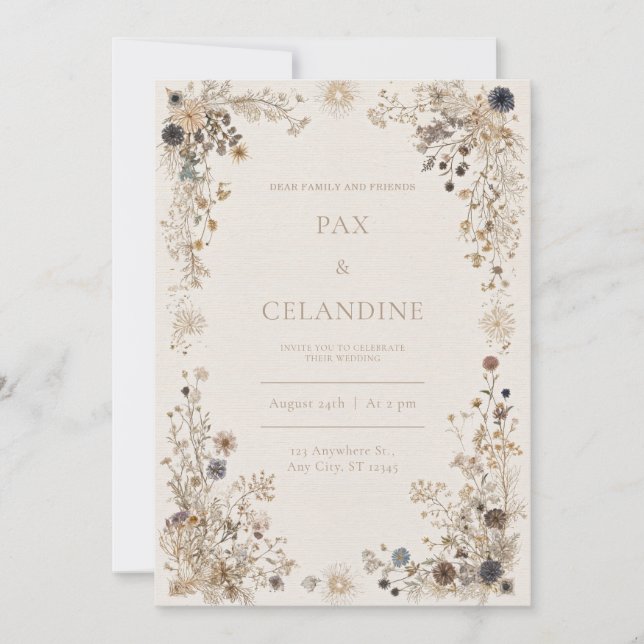 Invitation Cadre botanique séché avec taches dorées pour mari (Devant)