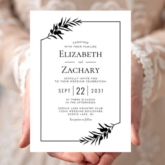 Invitation Cadre Botanique Simple Mariage Noir et Blanc (Créateur téléchargé)