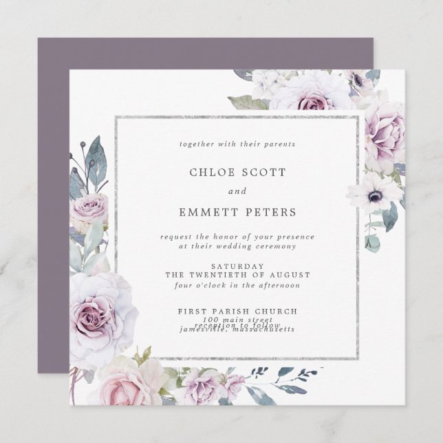 Invitation Cadre carré de mariage floral violet et argenté (Devant / Derrière)