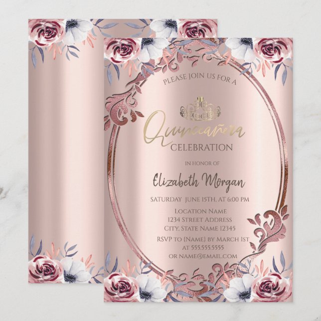 Invitation Cadre chic fleurs boho Quinceañera (Devant / Derrière)