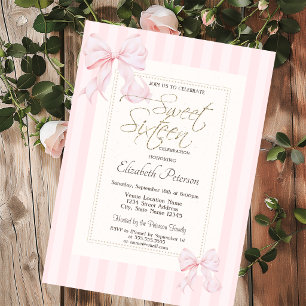 Invitation Cadre Chic Nœud Rose Rayé Sweet 16