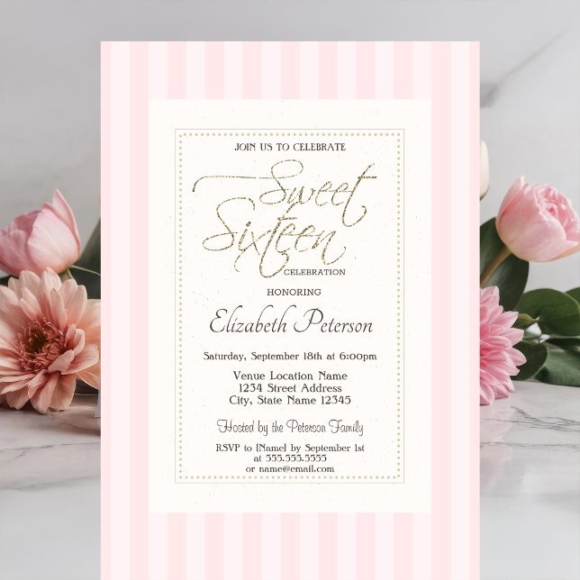 Invitation Cadre Chic Rayé Rose Sweet 16 (Créateur téléchargé)