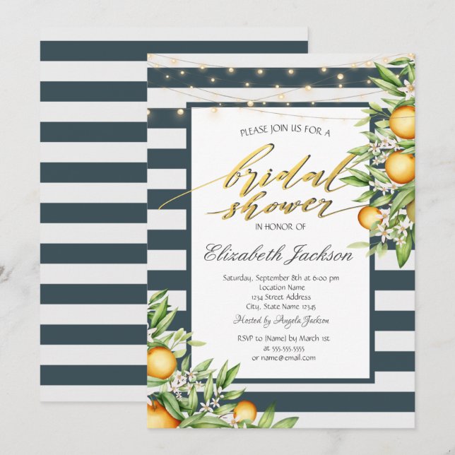 Invitation Cadre Citron Bleu Marine Rayé Baby Shower Mariée (Devant / Derrière)