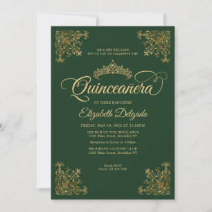 Invitation Cadre classique Emerald Green Or Tiara Quinceanera