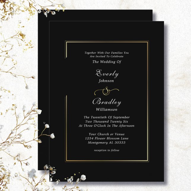 Invitation Cadre Classique Noir Blanc Or Bordure Chic Mariage (Créateur téléchargé)