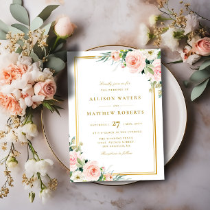 Invitation cadre classique or rose mariage floral