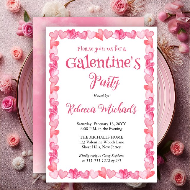 Invitation Cadre Cœurs Douce Fête de Galentine (Sweet Hearts Frame Galentine’s Party Invitation | Pink Watercolor Valentine Invite - Print Digital)