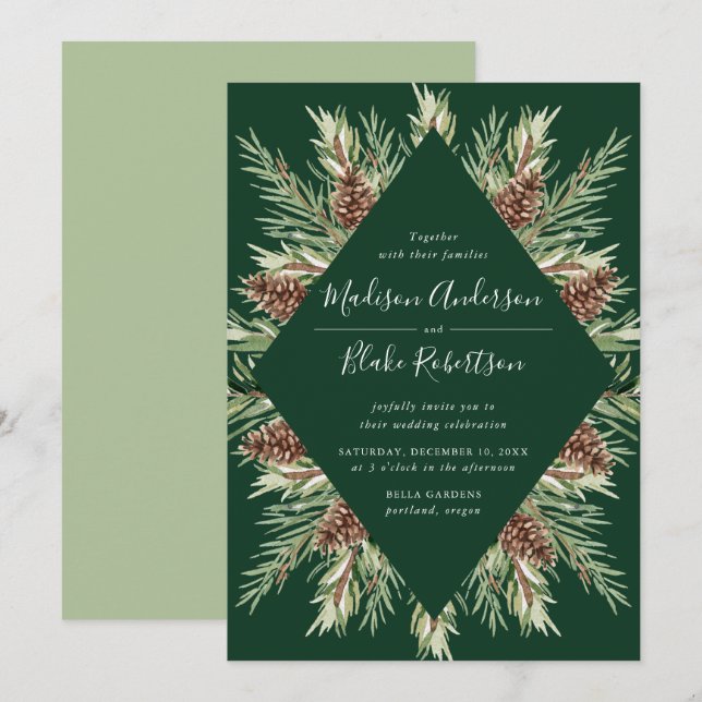 Invitation Cadre Cône de Pin Aquarelle Hivernale Mariage Vert (Devant / Derrière)