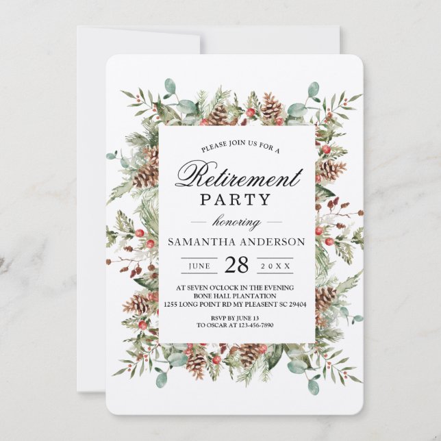 Invitation Cadre Cônes de Pin Kraft Vert d'Hiver (Devant)