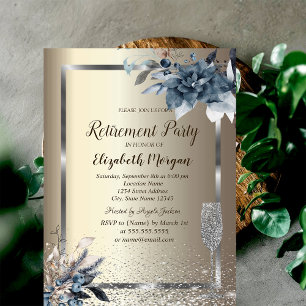 Invitation Cadre Confettis Fleurs d'hiver Champagne Retraite