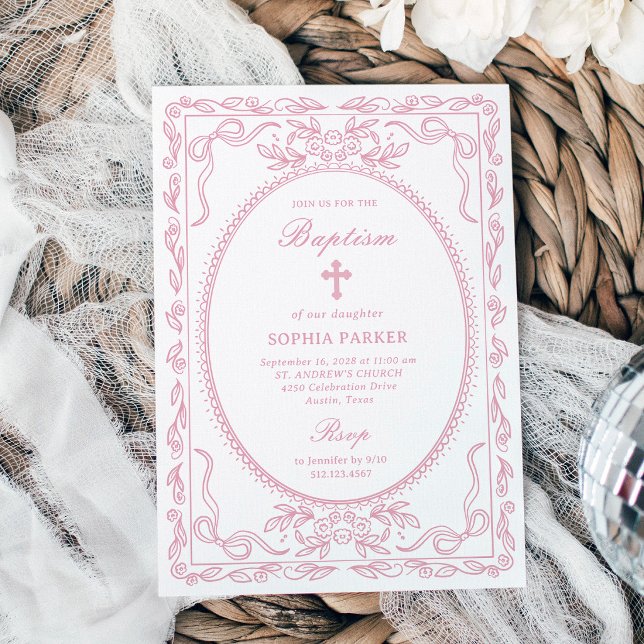 Invitation Cadre Coquette Rose Fantaisiste | Baptême (Créateur téléchargé)