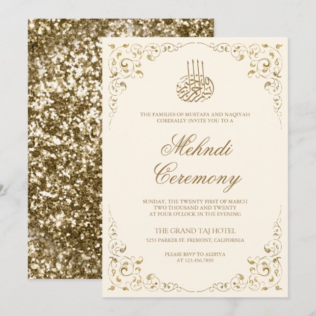 Invitation Cadre Crème et Or à Tourbillon Rustique pour Mehnd (Devant / Derrière)
