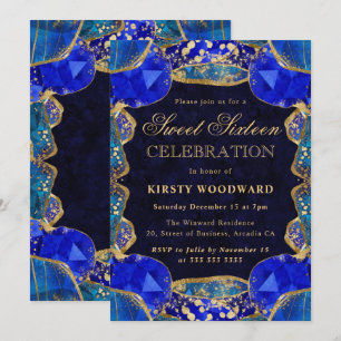 Invitation Cadre cristal bleu or élégant pour Sweet 16