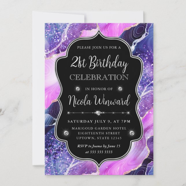 Invitation Cadre d'anniversaire en agate de sirène rose et vi (Devant)
