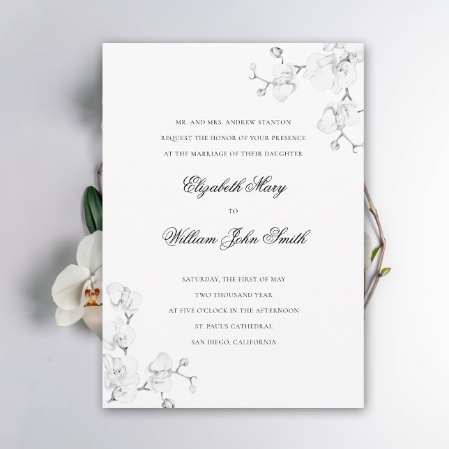 Invitation Cadre d'art fin d'Orchidée Blanche Élégant Mariage (white orchid wedding invitation elegant floral white exotic formal traditional fine art sketch frame)
