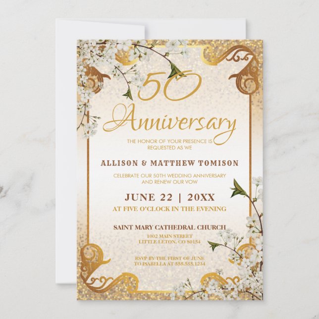 Invitation Cadre de 50e anniversaire de mariage floral avec p (Devant)