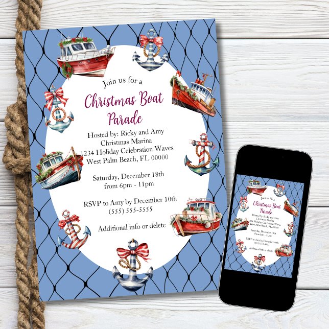 Invitation Cadre de bateaux et d'ancres de Noël bleu moderne  (Créateur téléchargé)