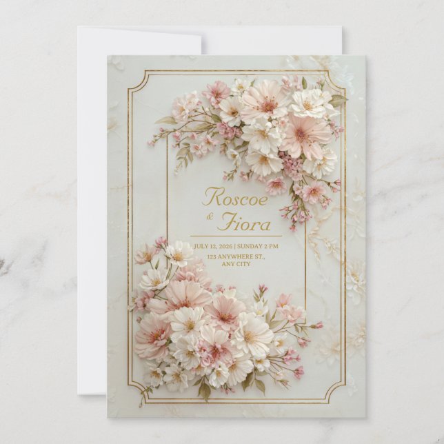 Invitation Cadre de billet doré de fleurs sauvages Mariage (Devant)
