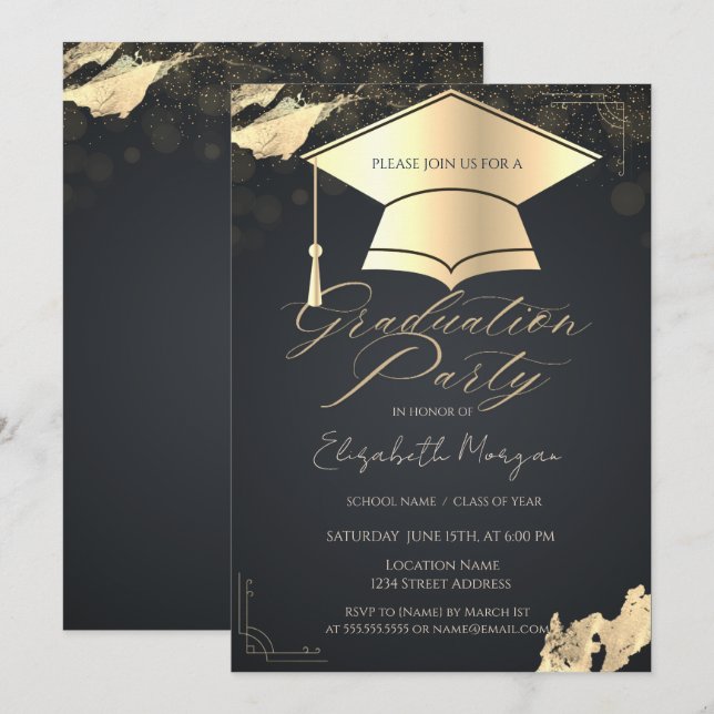 Invitation Cadre de casquette de graduation dorée Confetti Gr (Devant / Derrière)