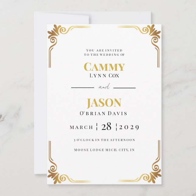 Invitation Cadre de coin à défilement doré orné pour mariage (Devant)