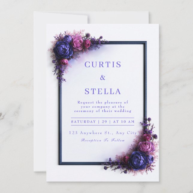 Invitation Cadre de coin floral indigo magenta pour mariage (Devant)