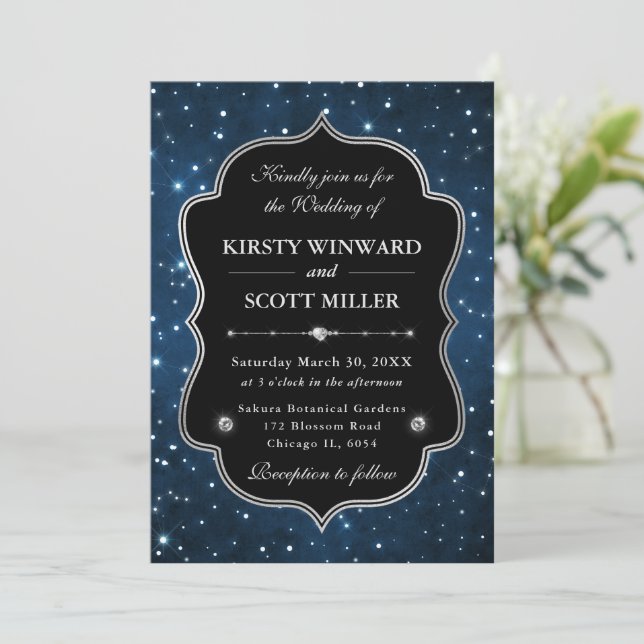 Invitation Cadre de constellation bleu élégant Mariage (Debout devant)