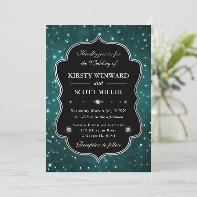 Invitation Cadre de constellation vert élégant Mariage (Debout devant)