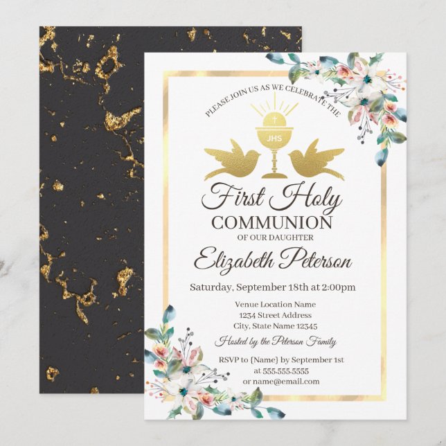 Invitation Cadre de croix dorée Fleurs Première Sainte Commun (Devant / Derrière)