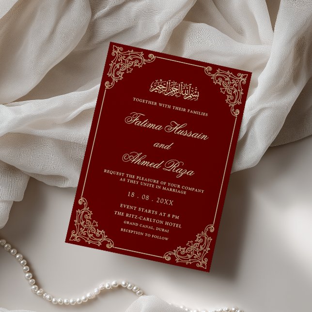 Invitation Cadre de dentelle victorienne or bordeaux mariage  (Créateur téléchargé)