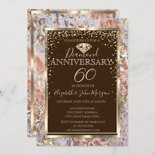 Invitation Cadre de diamant de marbre Glitter Mariage Anniver (Devant / Derrière)