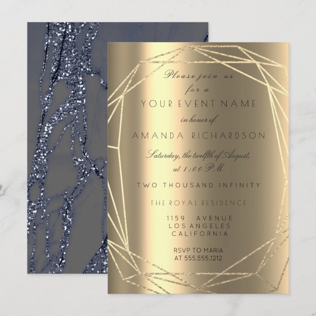 Invitation Cadre de diamant de mariage bleu marbre doré pour  (Devant / Derrière)