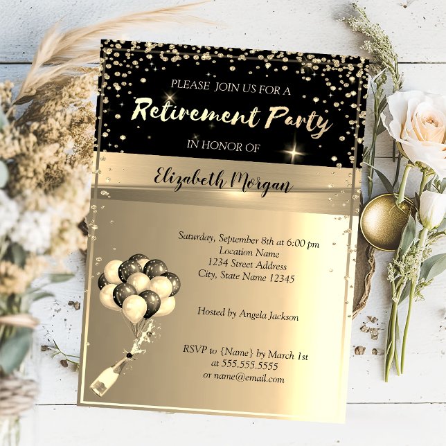 Invitation Cadre de diamants dorés, ballons, fête de retraite (Créateur téléchargé)
