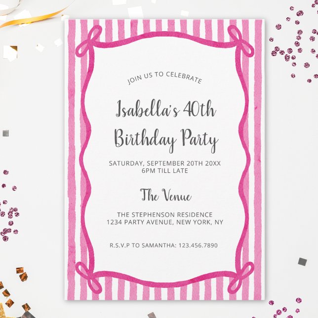 Invitation Cadre de doodle à ruban rose moderne pour annivers (Créateur téléchargé)