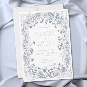 Invitation Cadre de Fantaisie Médiévale Bleu et Or Gravure Ma