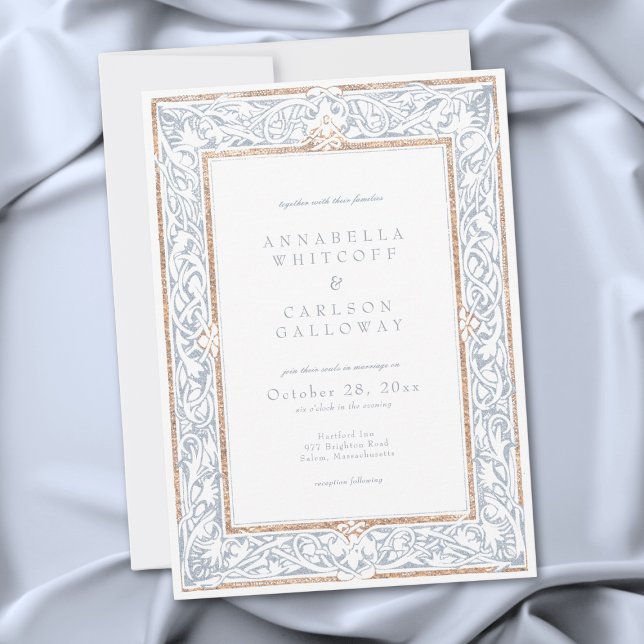 Invitation Cadre de fantasy médiéval bleu et or pour mariage (Medieval Fantasy Frame Blue & Gold Etching Wedding Invitation)