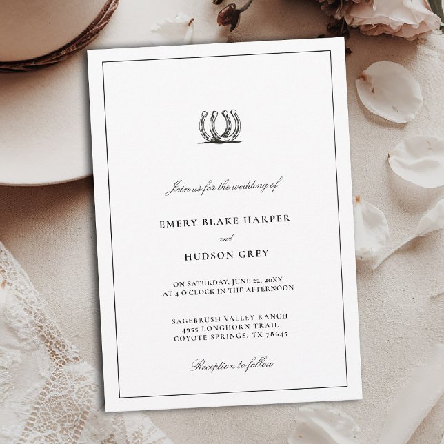 Invitation Cadre de fer à cheval occidental élégant BW Mariag (western wedding invitation cowboy country horseshoes horse lovers black white art sketch elegant)