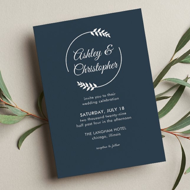 Invitation Cadre de feuillage moderne Indigo Mariage bleu (Créateur téléchargé)
