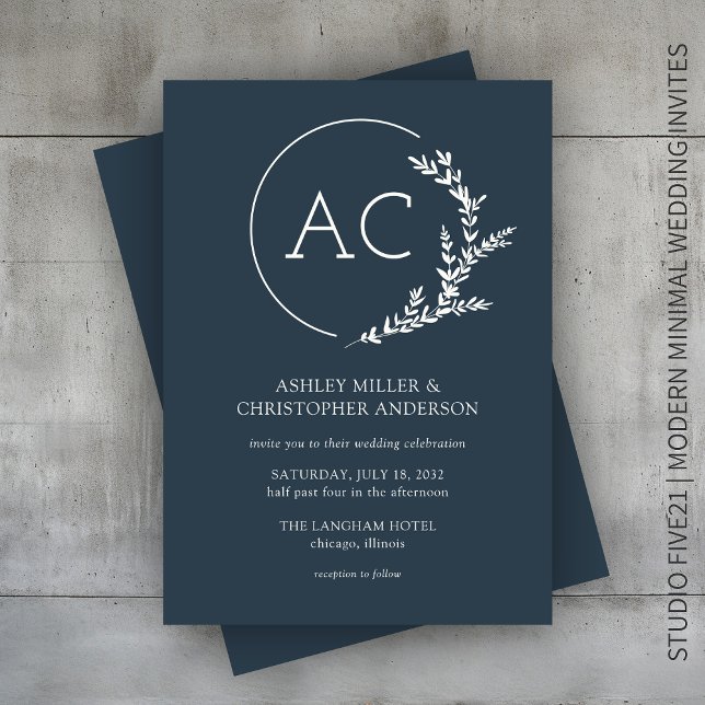 Invitation Cadre de feuillage moderne Indigo Mariage bleu (Créateur téléchargé)