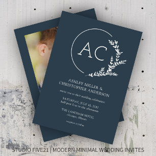 Invitation Cadre de feuillage moderne Indigo Mariage photo bl