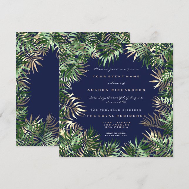 Invitation Cadre de feuille de palmier vert tropical bleu sép (Devant / Derrière)