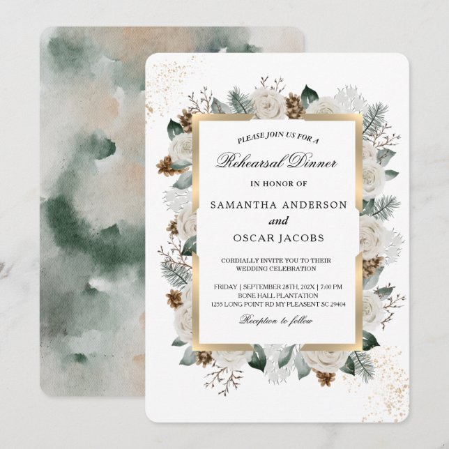 Invitation Cadre de fleurs blanches et de pin aquarelle d'hiv (Devant / Derrière)