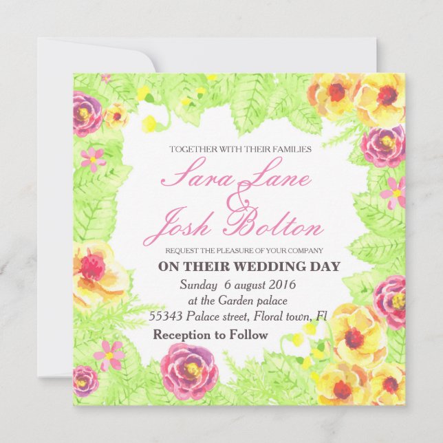 Invitation Cadre de fleurs d'aquarelle et de feuilles (Devant)