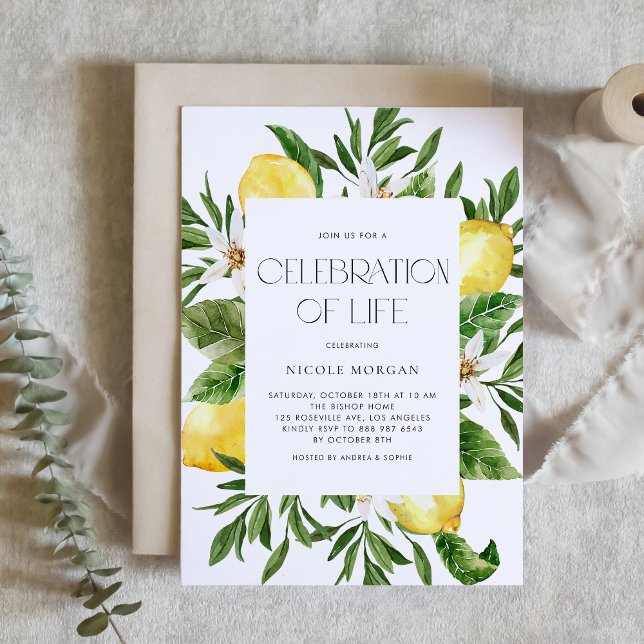 Invitation Cadre de fleurs de citron à l'aquarelle Célébratio (Custom Celebration of Life invitation featuring watercolor lemons, blossoms, and greenery.)