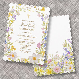 Invitation Cadre de fleurs des champs pour première communion