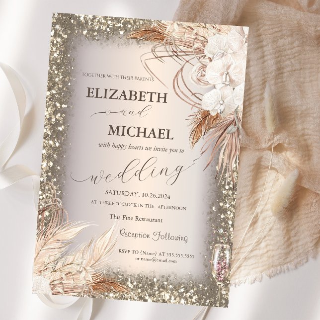 Invitation Cadre de fleurs d'herbe de Pampas avec paillettes (Créateur téléchargé)
