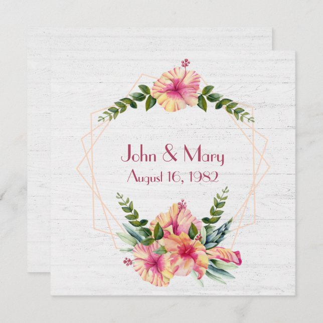 Invitation Cadre de fleurs d'Hibiscus d'anniversaire sur bois (Devant / Derrière)