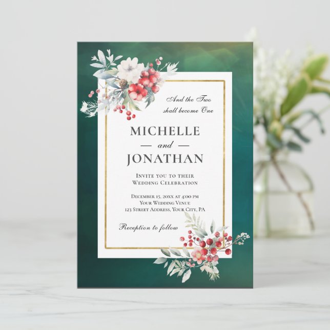 Invitation Cadre de fleurs d'hiver sur Mariage chrétien vert (Debout devant)