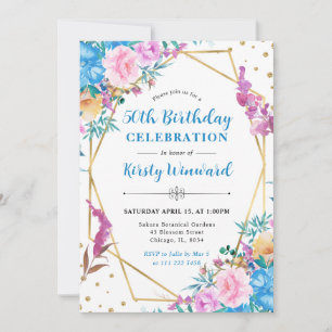Invitation Cadre de fleurs printanières roses et bleues pour
