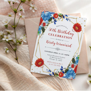 Invitation Cadre de fleurs rouges et bleues pour 50e annivers