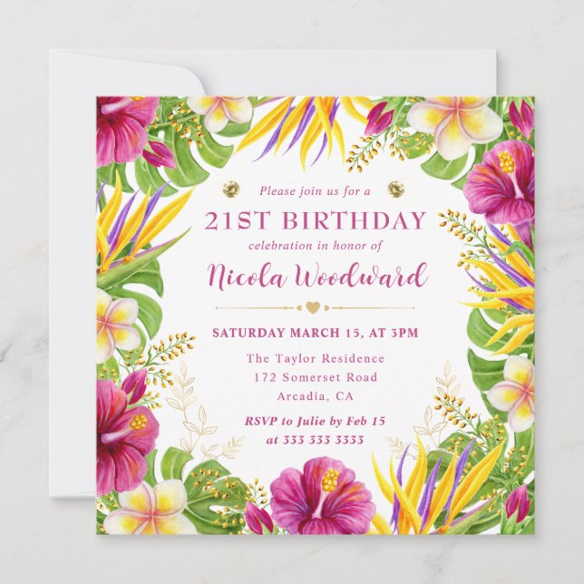 Invitation Cadre de fleurs tropicales d'été à l'aquarelle pou (Devant)